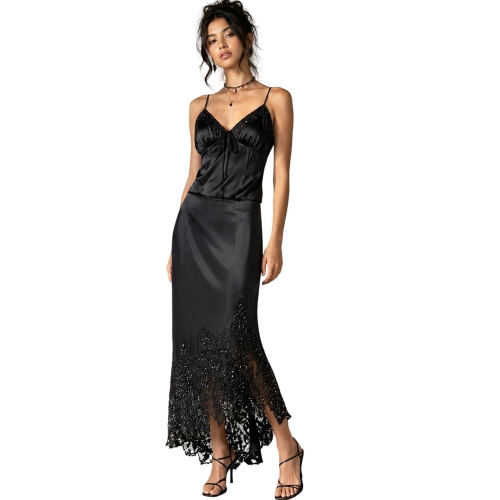 Y2K Cache Women's Silk Maxi Skirt Black Beaded Lace Whimsigoth 12